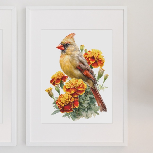 Watercolor Female Cardinal Bird with Marigolds Flowers Wall Art Print Unframed - Picture 7 of 7